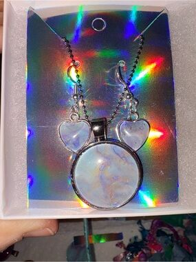 Iridescent Blue circle Pendant Necklace and matching heart Earring Set